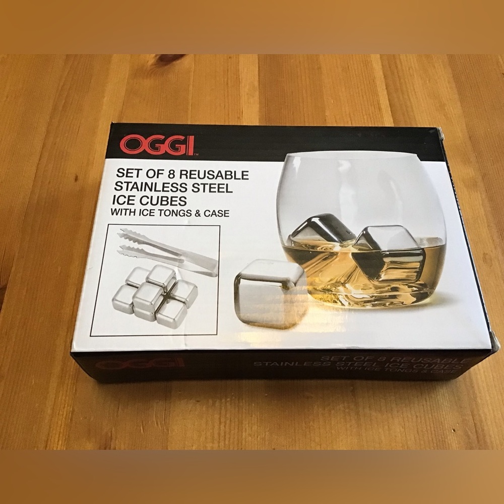STAINLESS STEEL ICE CUBES WHISKEY STONES NEW WITH TRAY & TONGS OGGI REUSABLE